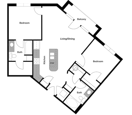 Floor plan for 2 beds, 2 baths, 965 sqft